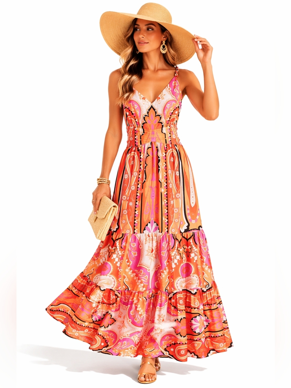 $498 Kobi Halperin Aileen Paisley Maxi Dress Pink Orange Size 14
